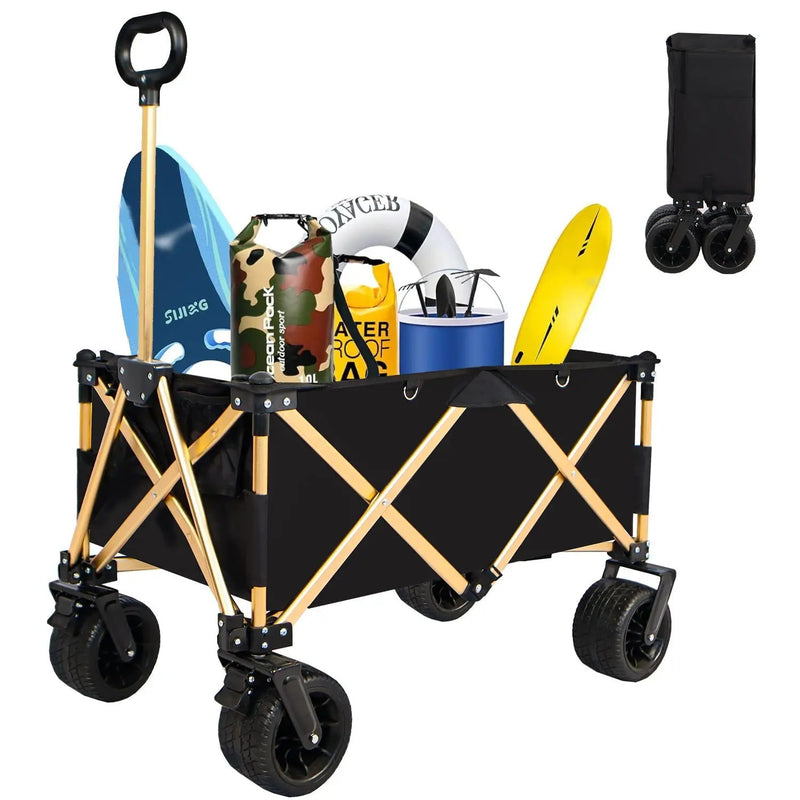 Aluminum Alloy Folding Wagon, Heavy Duty Utility Beach Wagon Cart For Sand With Big Wheels, Adjustable Handle & Drink Holders For Shopping, Camping, Garden And Outdoor by HouseOfZazla