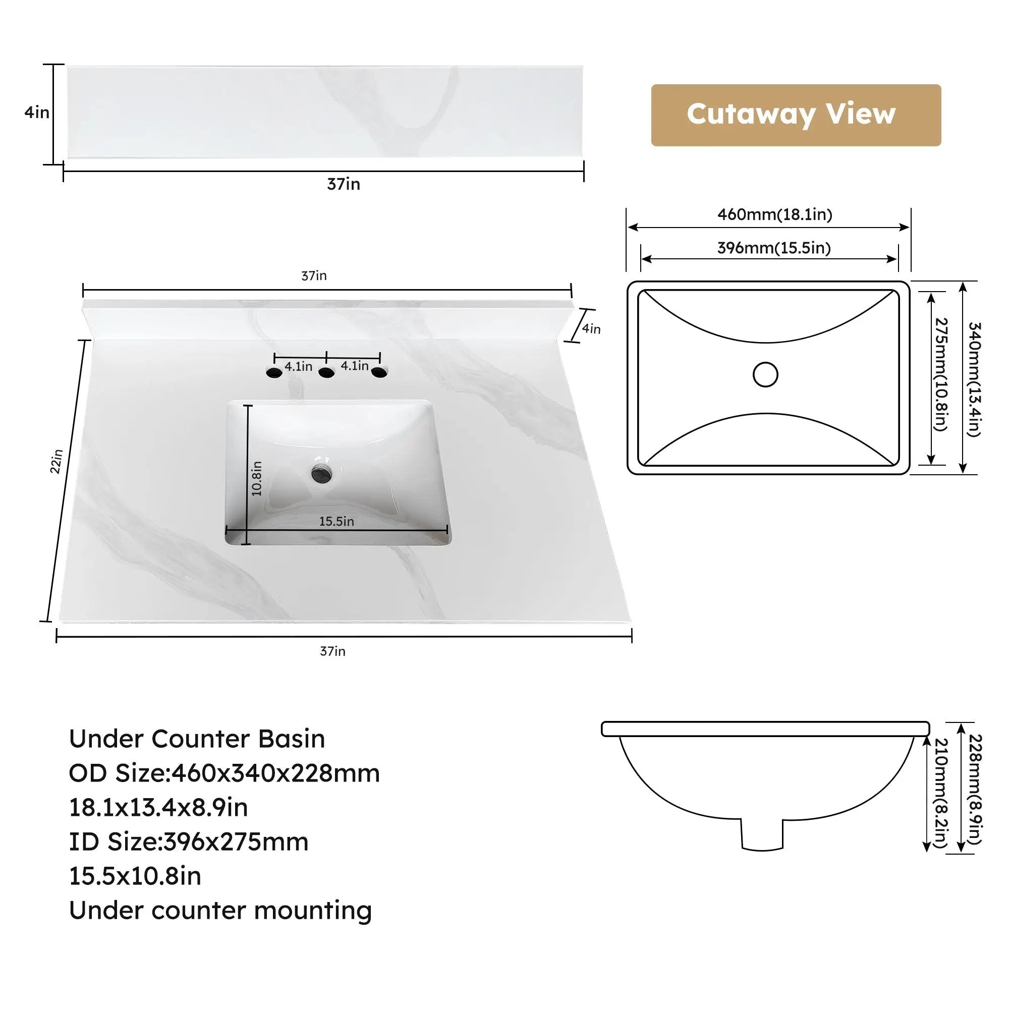 37-Inch Quartz Bathroom Vanity Top by HouseOfZazla