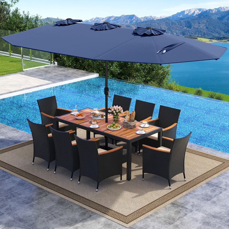 10 Piece Outdoor Dining Set with 15 Feet Double-Sided Twin Umbrella by DirectDeals