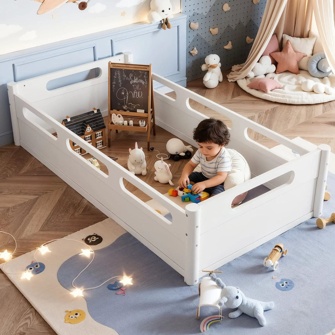 Twin Size Floor Platform Bed with Full-Length Guardrails by HouseOfZazla