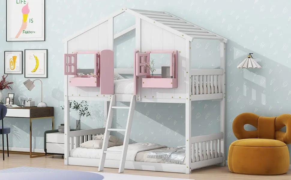 House Bunk Bed With Roof, Window, Window Box, Door, With Safety Guardrails And Ladder by Unique Piece Furniture