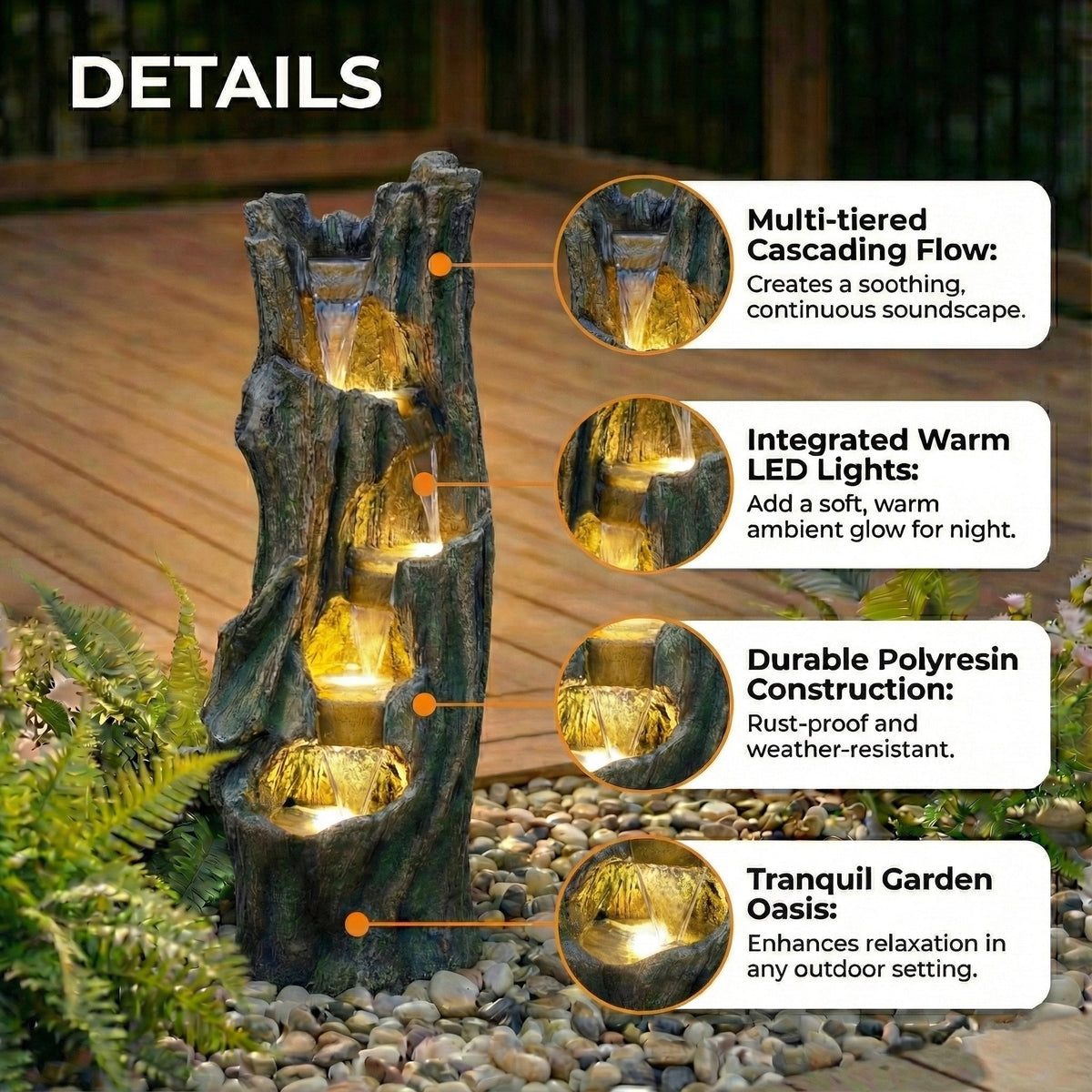 Resin Tree Trunk Outdoor Fountain 39 Inch with LED, photo 6 of 7