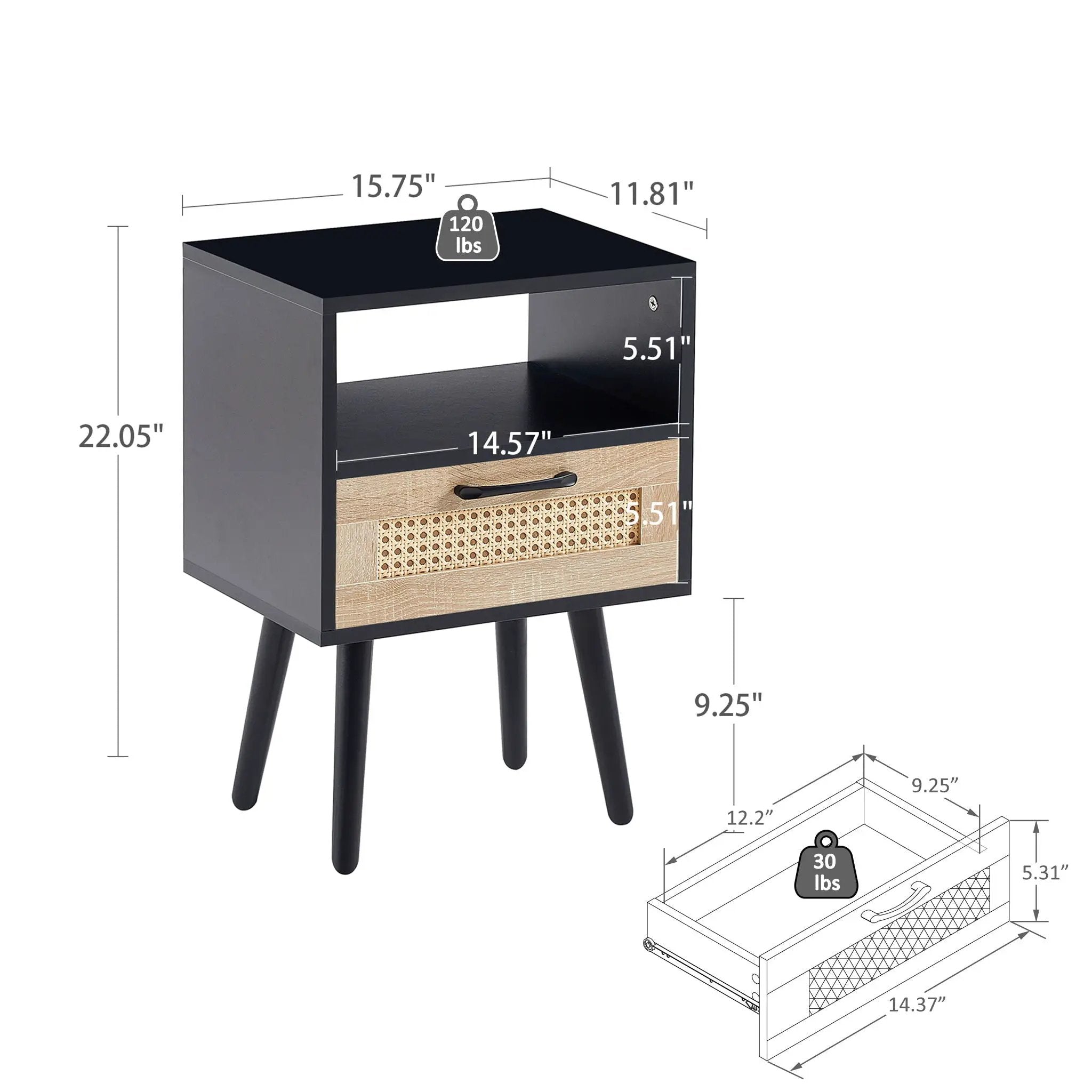 15.75" Rattan End Table With Drawer And Solid Wood Legs, Modern Nightstand, Side Table For Living Room, Bedroom by Unique Piece Furniture