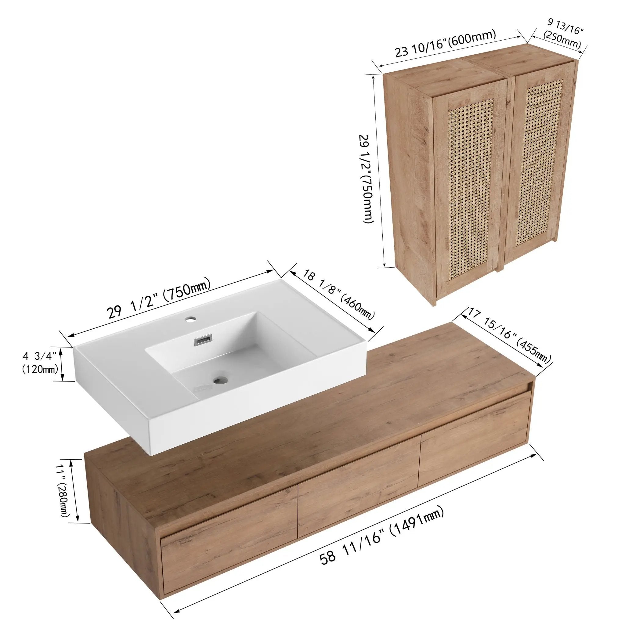 Modern Wall Mounted Bathroom Vanity With Resin Sink And 2 Side Cabinet, Imitative, Construction - Imitative Oak by Unique Piece Furniture