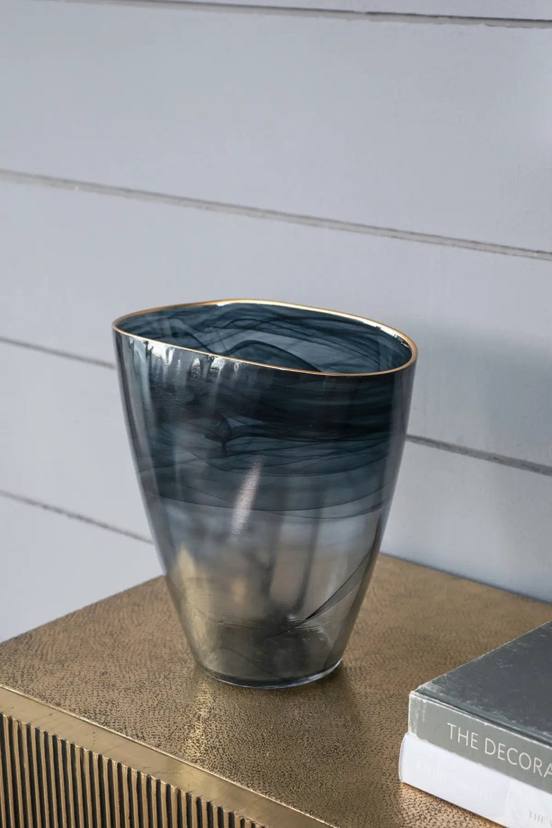 9.3x4.7x9.3' Smokey Black Glass Vase with Gold Rim by HouseOfZazla