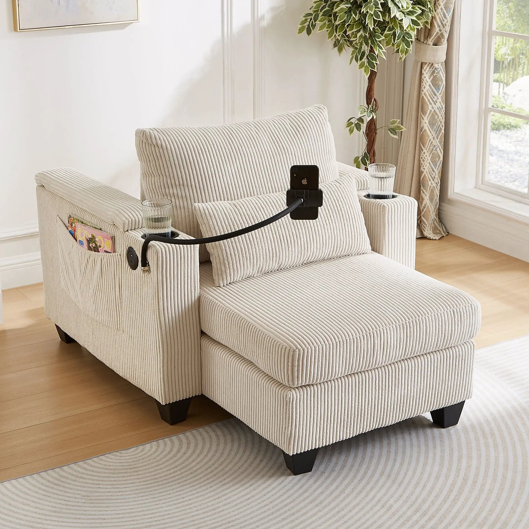 Convertible Chaise Lounge Sofa Chair With USB Ports, Cup Holders, Phone Holder And Storage by Unique Piece Furniture