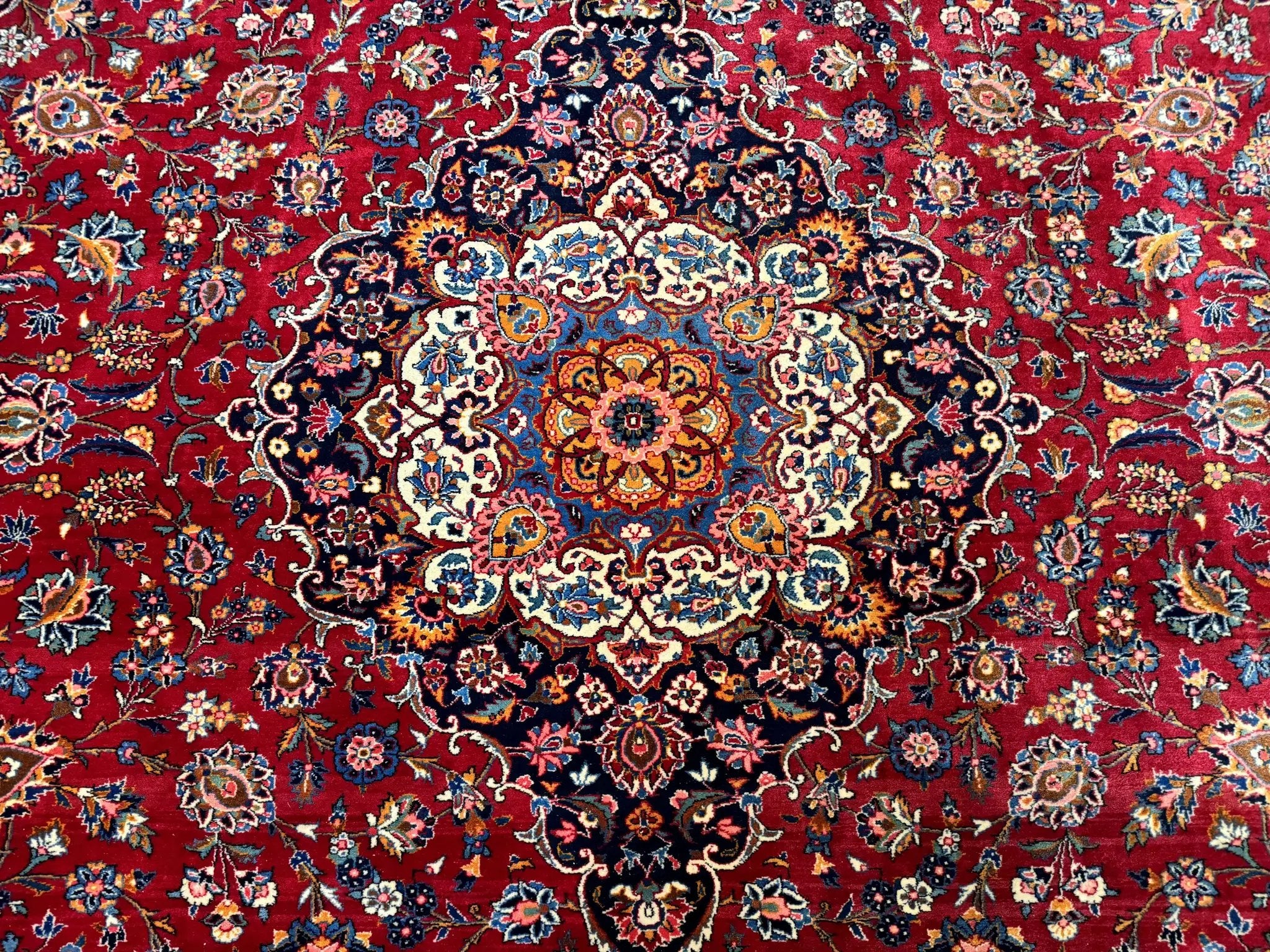 Large Persian Kashan Rug 11x14, Traditional Persian Carpet, Wool, Fine 250 KPSI, Red Navy Blue by Jewel Rugs