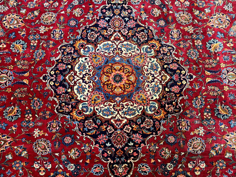 Large Persian Kashan Rug 11x14, Traditional Persian Carpet, Wool, Fine 250 KPSI, Red Navy Blue by Jewel Rugs