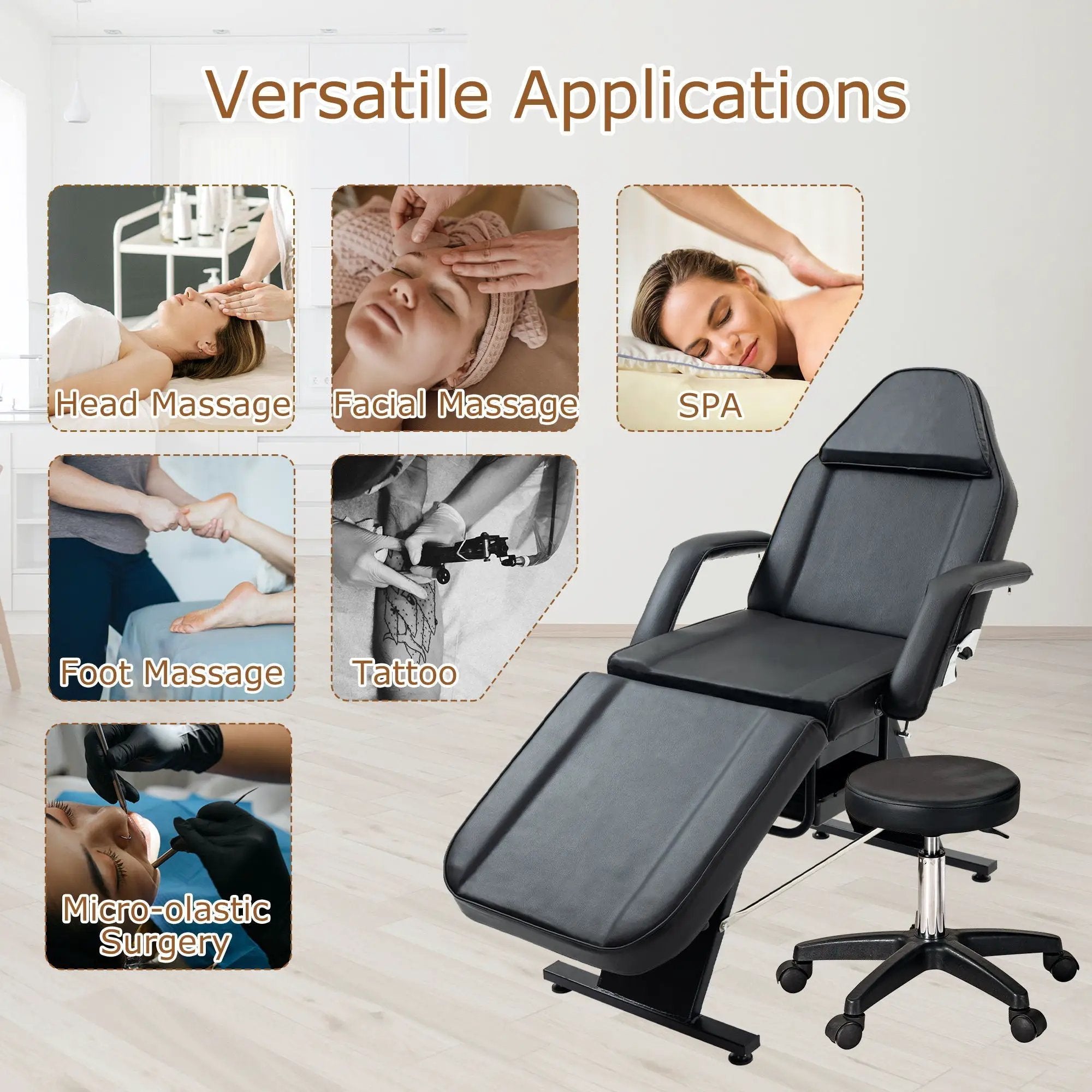 Massage Salon Tattoo Chair With Two Trays Esthetician Bed With Hydraulic Stool, Multi-Purpose 3-Section Facial Bed Table, Adjustable Beauty Barber Spa Beauty Equipment by HouseOfZazla