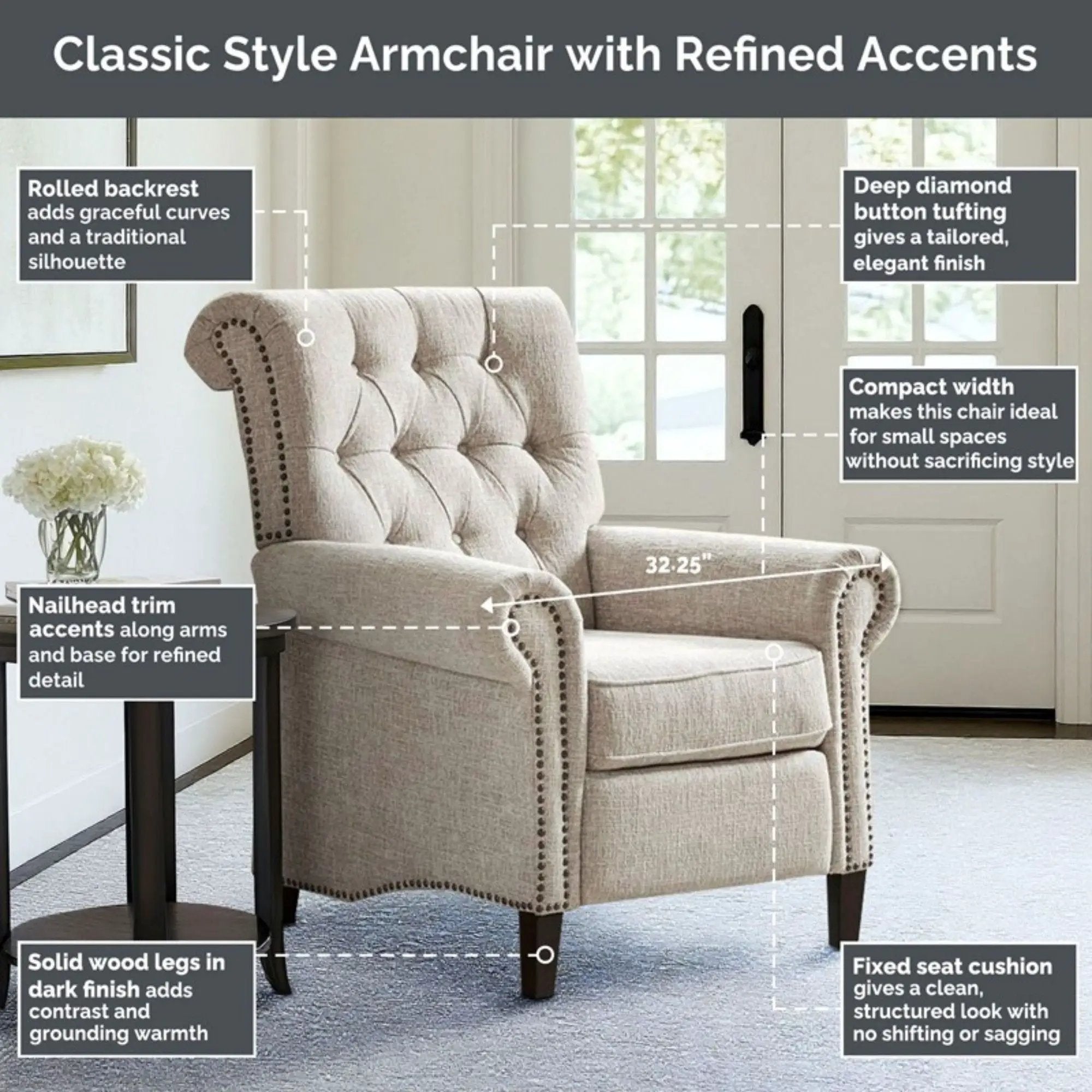 Aidan - Push Back Recliner Chair With Tufted Back And Nailhead Trim - Cream by Unique Piece Furniture
