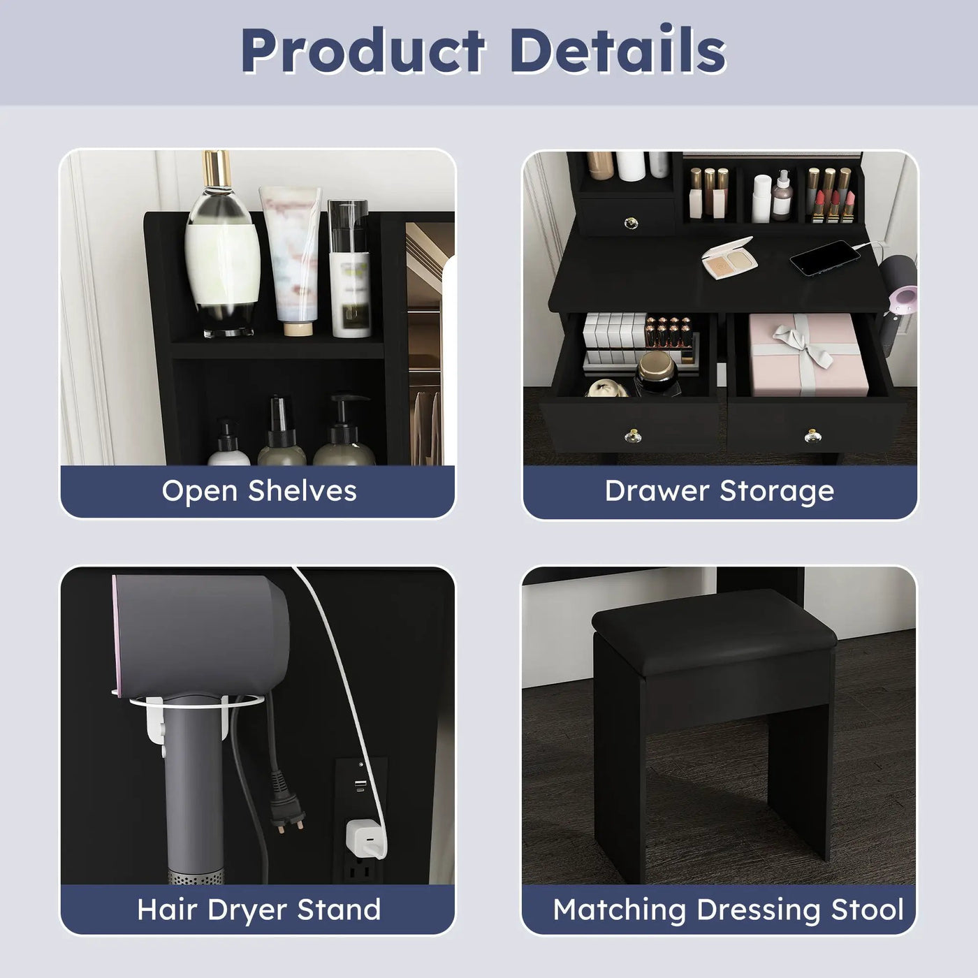 Modern Small Vanity Desk With 3 LED Lighting Modes, 3 Drawers by Unique Piece Furniture