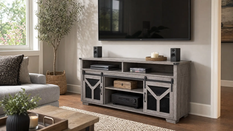 65.3" TV Stand with LED Light Strips and Iron Mesh Barn Door by HouseOfZazla