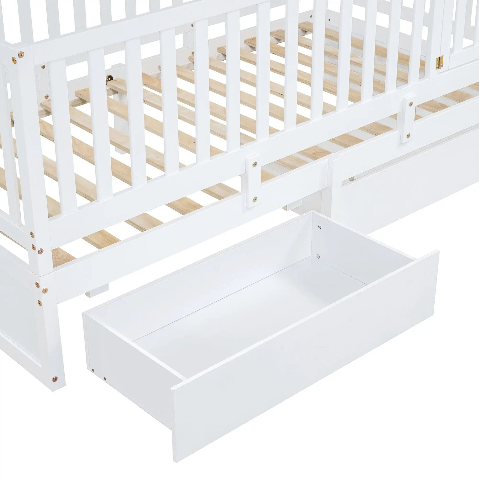 Daybed With Fence Guardrails And 2 Drawers, Split Into Independent Floor Bed & Daybed by HouseOfZazla