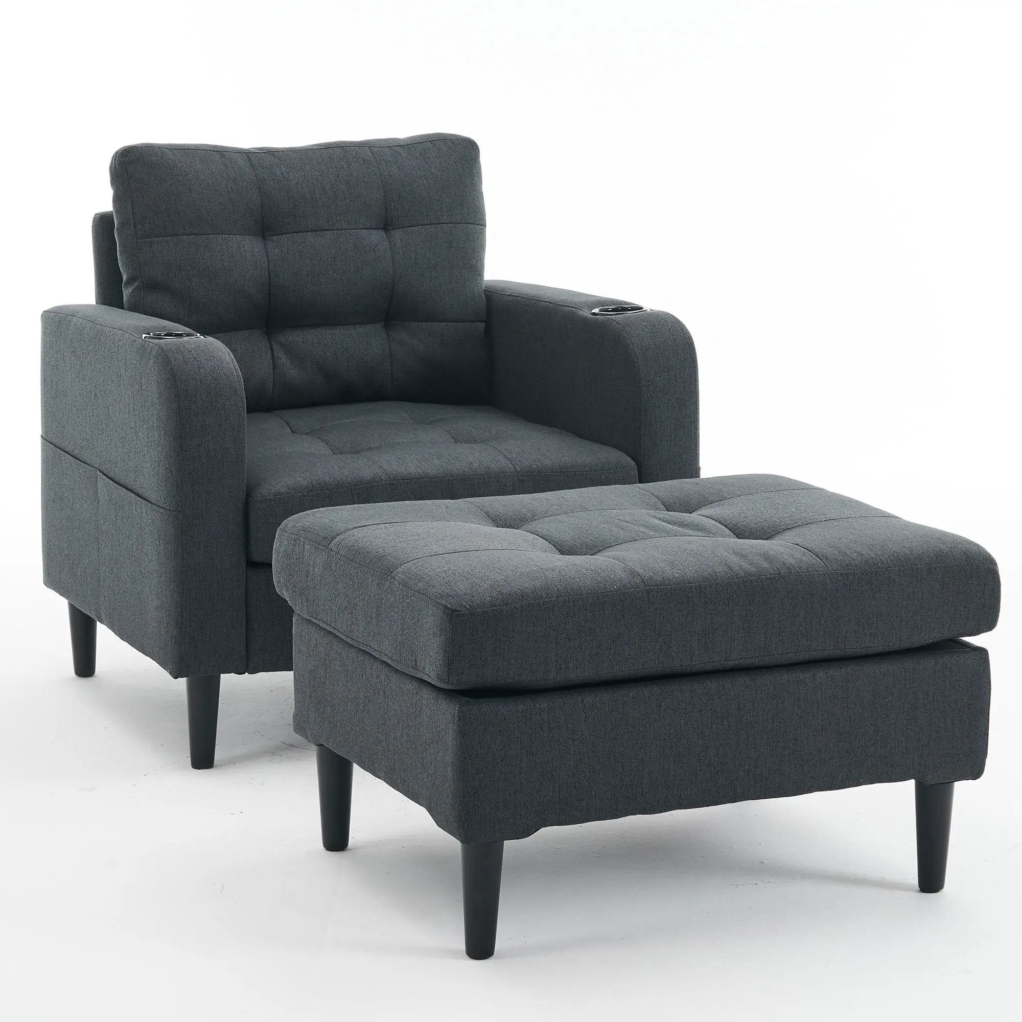 Upholstered Armchair And Storage Ottoman Set, Comfortable Single Sofa With Cup Holders And Tufted Detailing, Ideal For Living Room Or Bedroom by HouseOfZazla