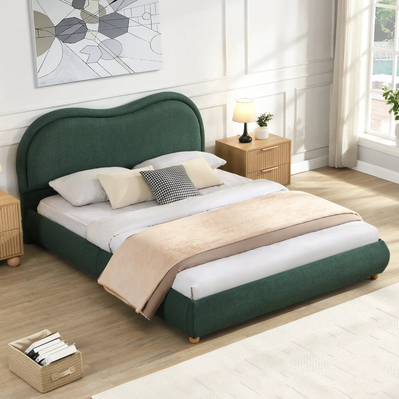 Queen Size Upholstered Platform Bed Frame with Rounded Corners Curved Headboard by HouseOfZazla
