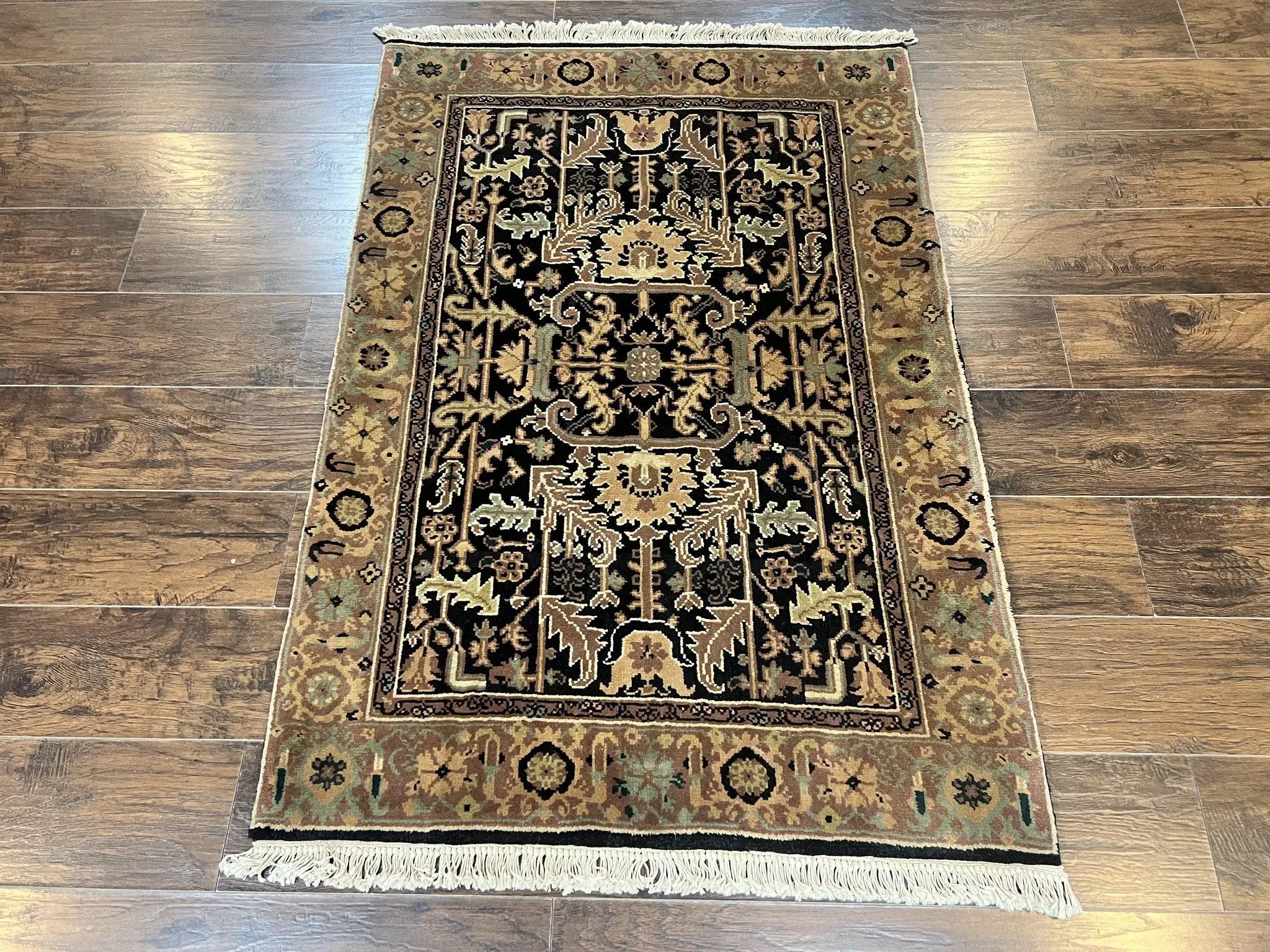 Heriz Rug 3.6 x 5, Handmade Vintage Wool Carpet, Couristan Carpet, Persian Design, Black by Jewel Rugs