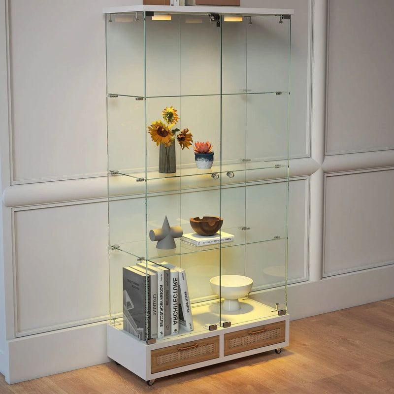 Glass Display Cabinet With LED Lights, Tempered Glass Doors, Large Drawers, 2 Door Storage Case With 4 Shelves - Natural / White by HouseOfZazla