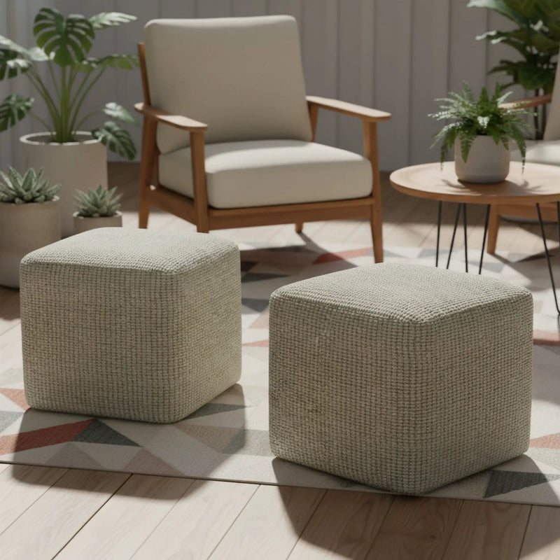 Zelma - Square Woven Outdoor / Indoor Pouf - Cream / Natural by Unique Piece Furniture