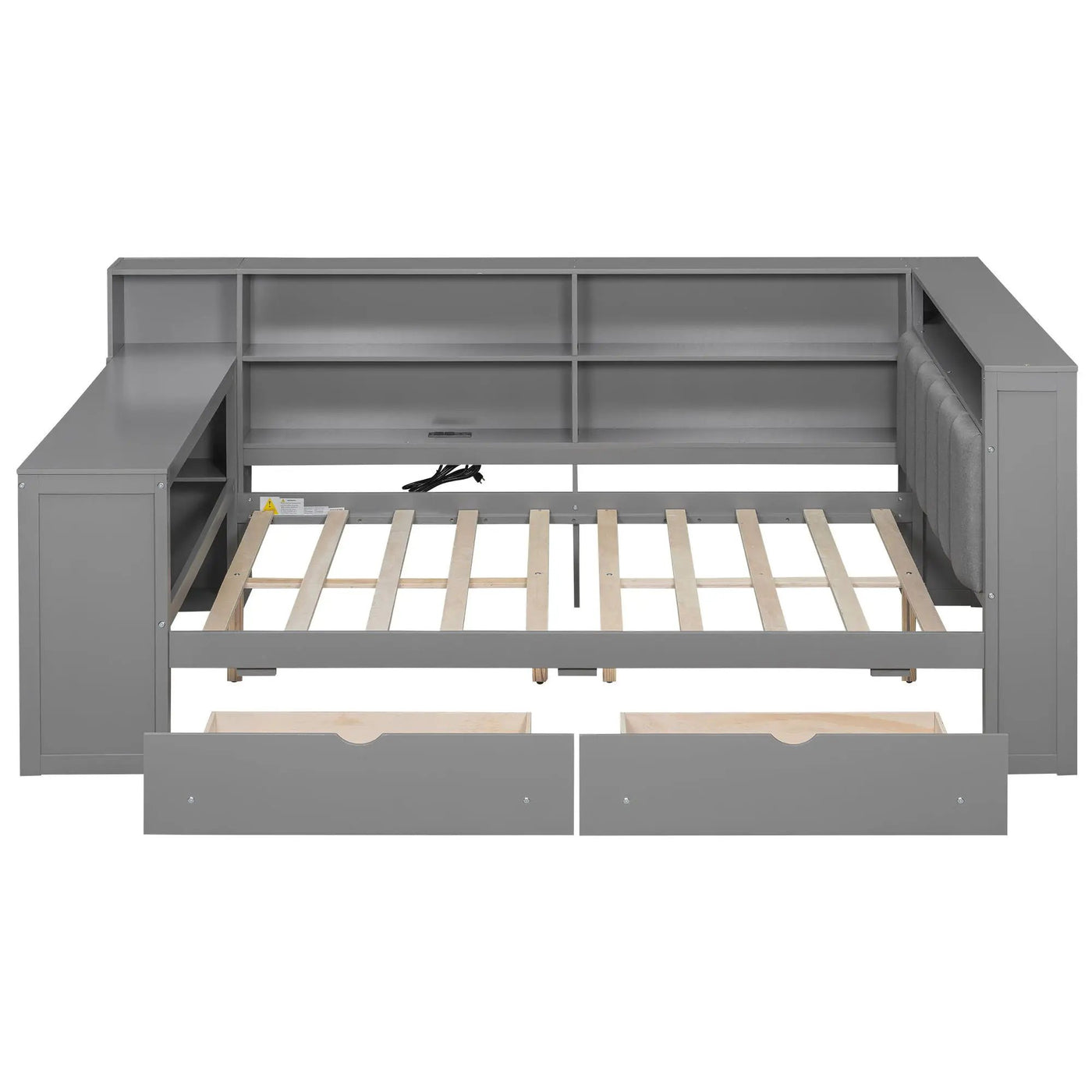 Platform Bed With Upholstered Headboard, Storage Shelves, Drawers, Charging Station, LED Lighting, Built In Desk by HouseOfZazla