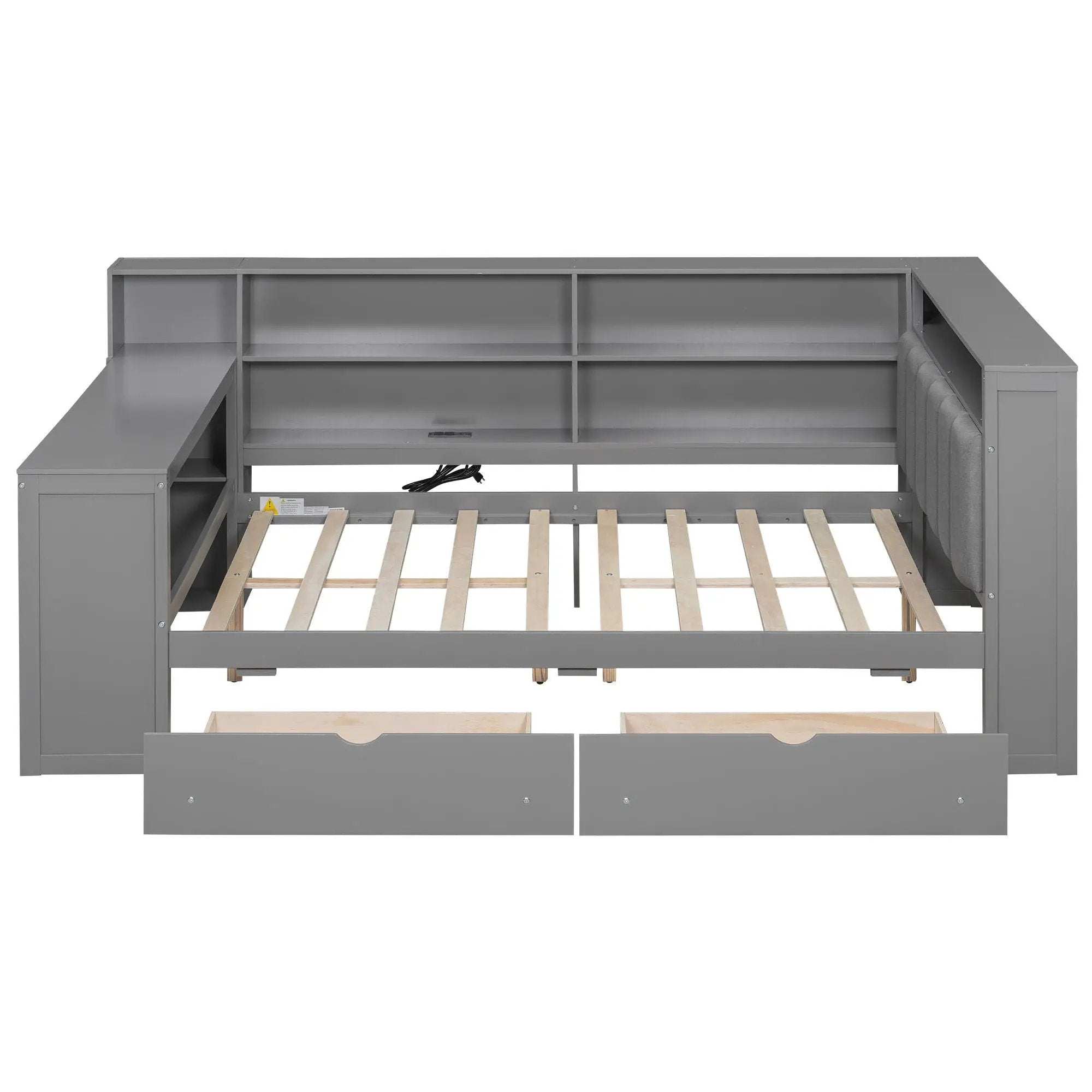Platform Bed With Upholstered Headboard, Storage Shelves, Drawers, Charging Station, LED Lighting, Built In Desk by HouseOfZazla