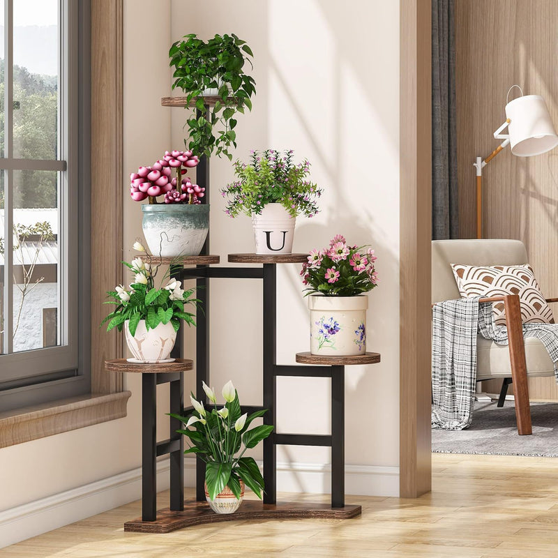 6 Tier Corner Plant Shelf With Frame For Living Room - Rustic Brown by HouseOfZazla