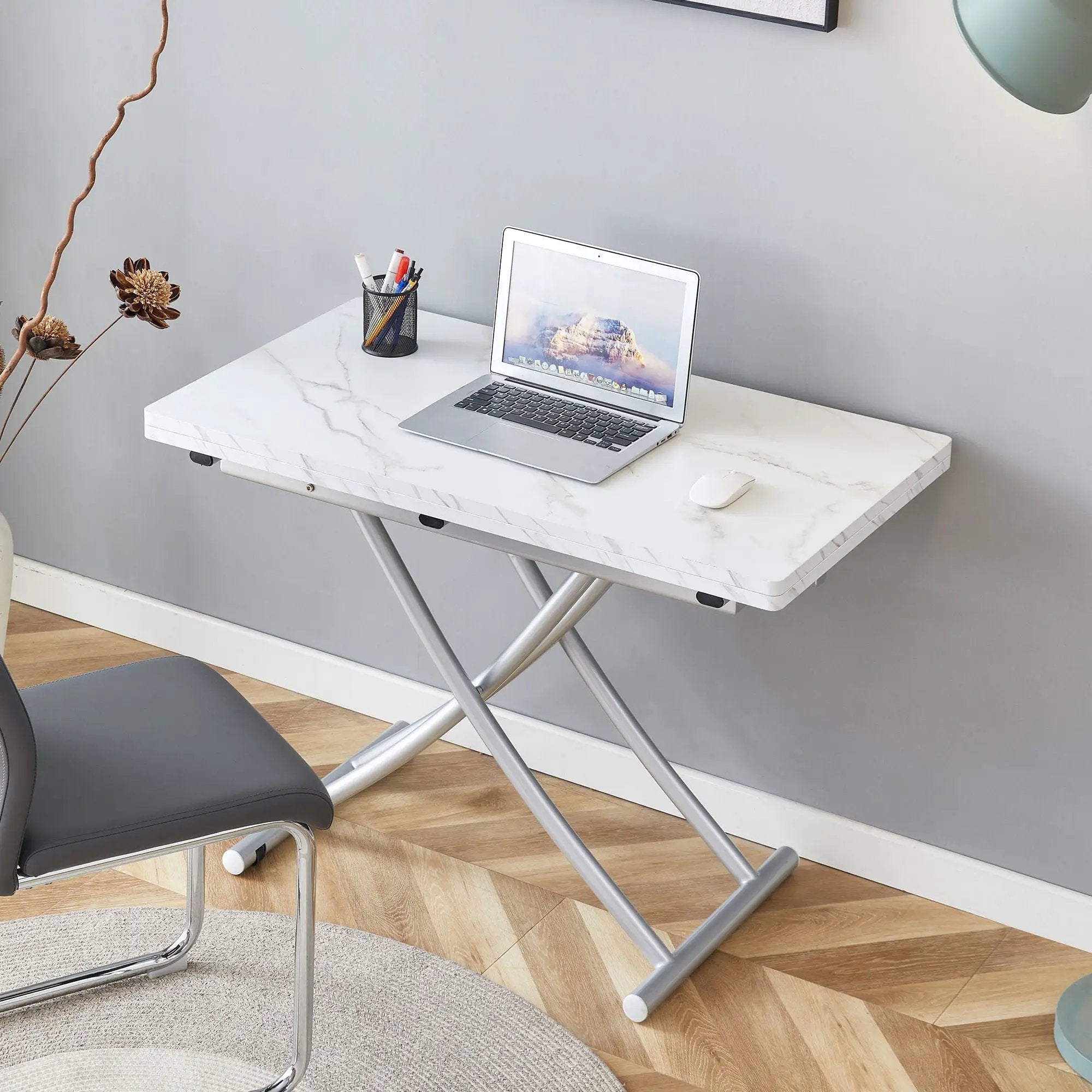 Modern Minimalist Multifunctional Lift Table With Metal Legs - White / Silver by Unique Piece Furniture