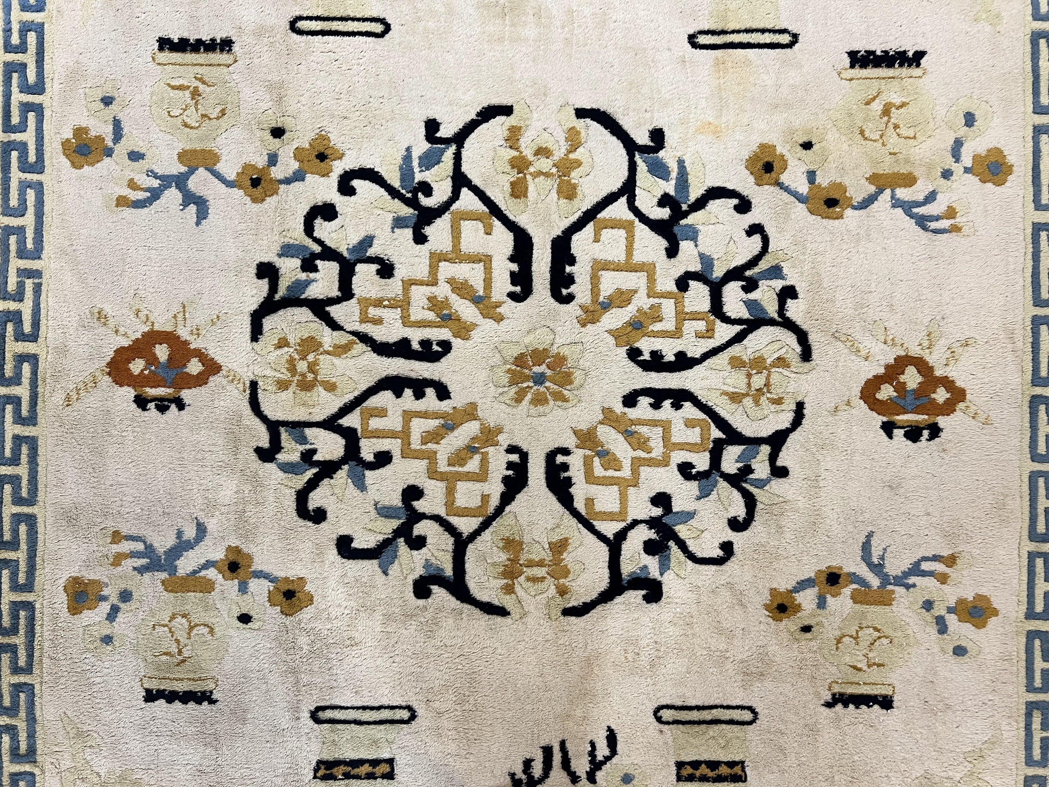 Indo Chinese Rug 9x12, Asian Oriental Carpet 9 x 12, Cream & Burnt Orange, Handmade Wool Vintage Art Deco Rug by Jewel Rugs