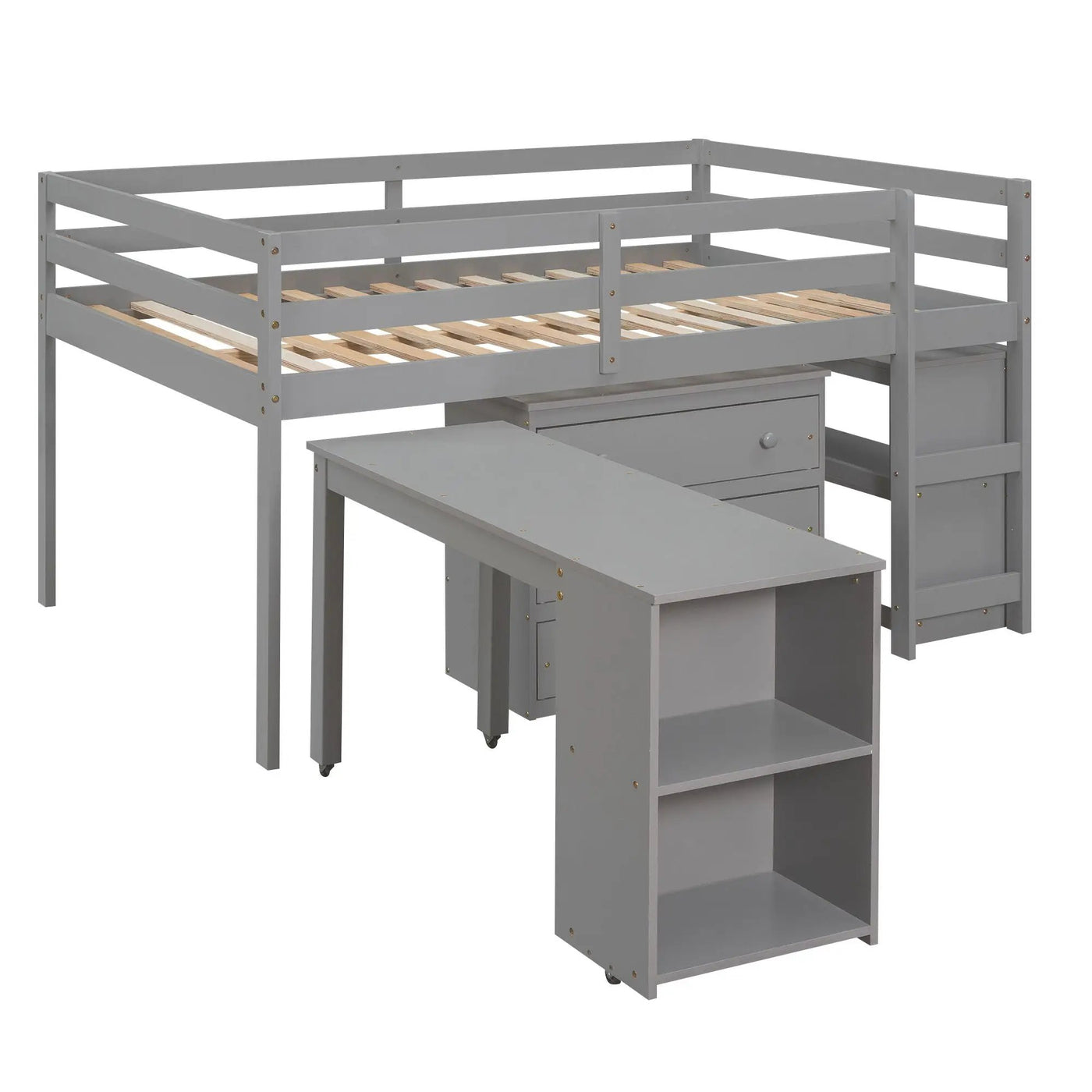 Loft Low Study Bed With Cabinet, Shelves And Rolling Portable Desk, Multiple Functions by Unique Piece Furniture