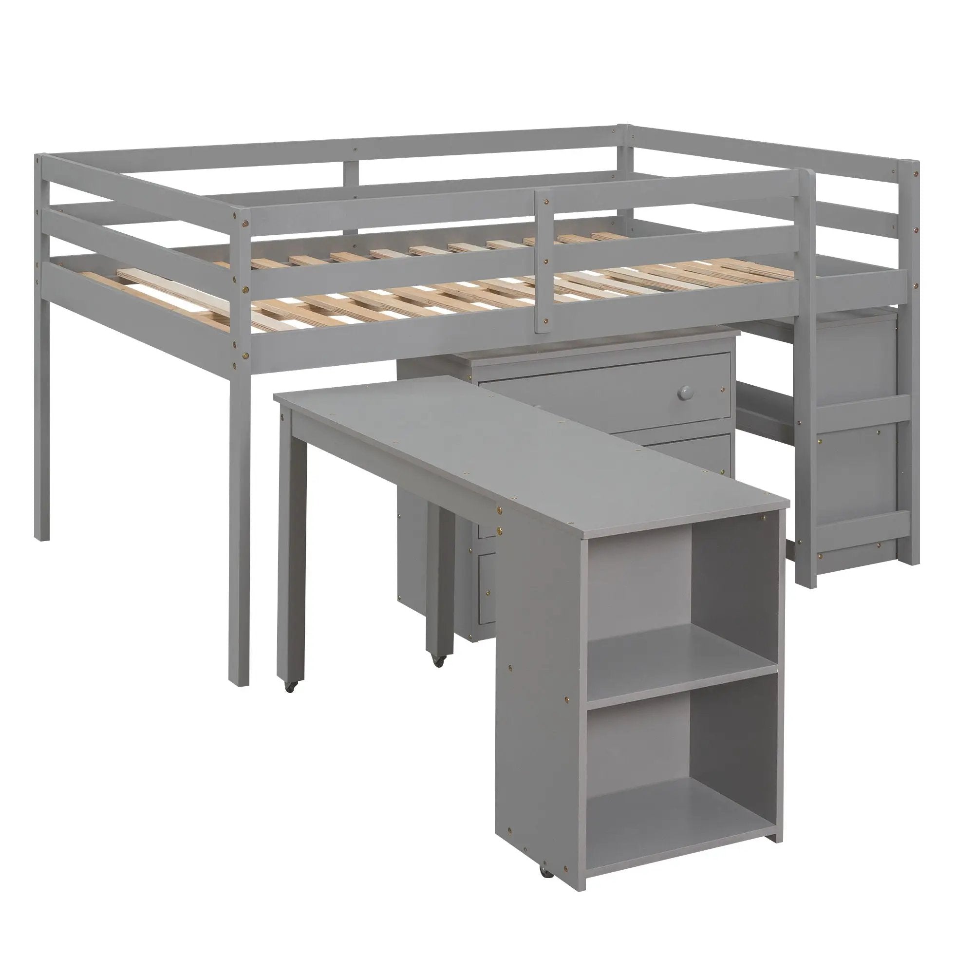 Loft Low Study Bed With Cabinet, Shelves And Rolling Portable Desk, Multiple Functions by Unique Piece Furniture