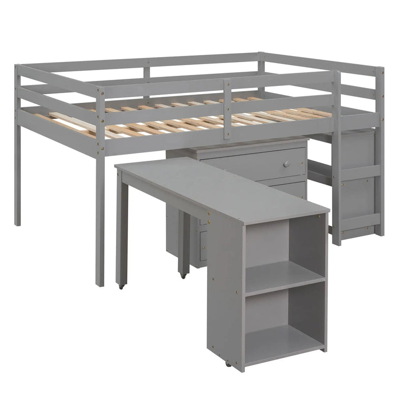 Loft Low Study Bed With Cabinet, Shelves And Rolling Portable Desk, Multiple Functions by HouseOfZazla