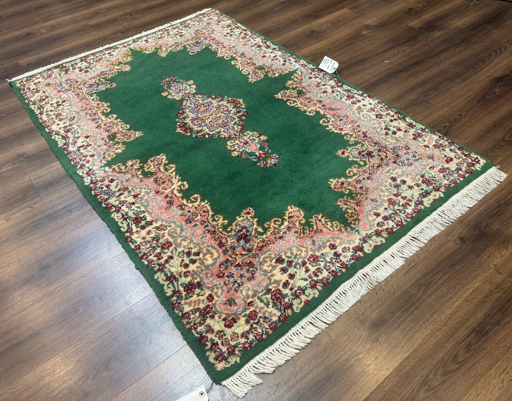 Green Persian Kerman Rug 4x6, Semi Open Field, Green & Cream, Vintage by Jewel Rugs