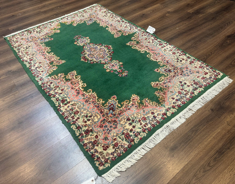 Green Persian Kerman Rug 4x6, Semi Open Field, Green & Cream, Vintage by Jewel Rugs