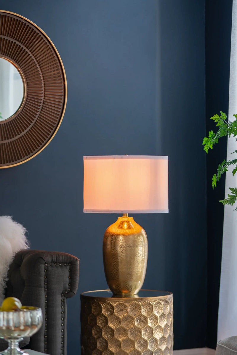 D15x25.7' Round Aluminum Sheet Gold Table Lamp with White Fabric Shade by HouseOfZazla