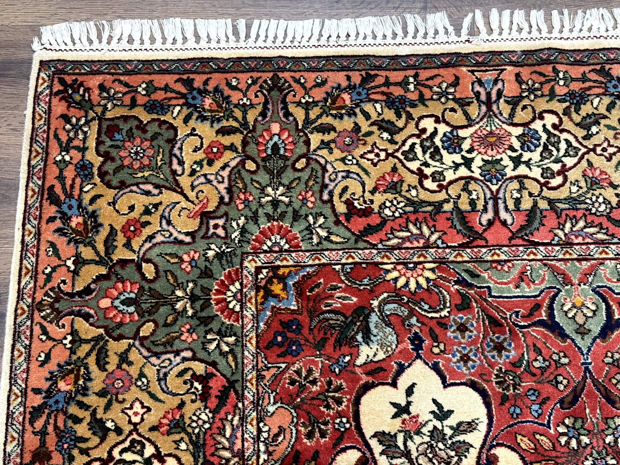 Antique Tabriz Persian Rug 7x10, Red Cream Tan, Unique Design, Fine 270 KPSI, Birds, Floral by Jewel Rugs