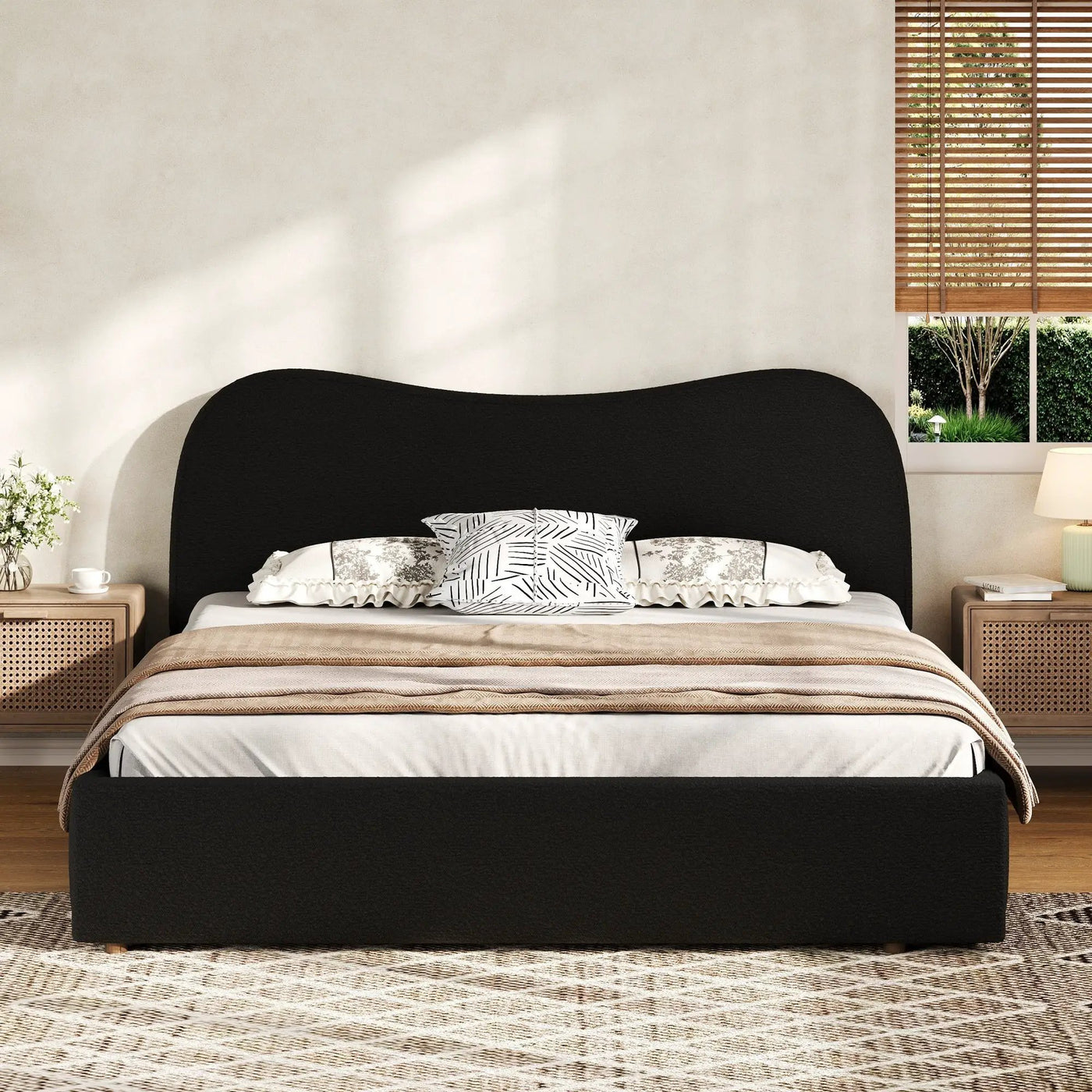 King Size Upholstered Platform Bed with Wooden Slats by HouseOfZazla