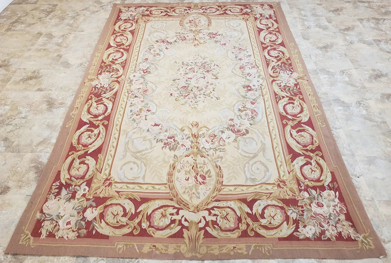 Aubusson Rug 6x9, Elegant Flatweave Rug, Aubusson Savonnerie 6 x 9 Flatweave Area Rug, Cream and Red, Wool Hand Woven Carpet, Medium Size by Jewel Rugs