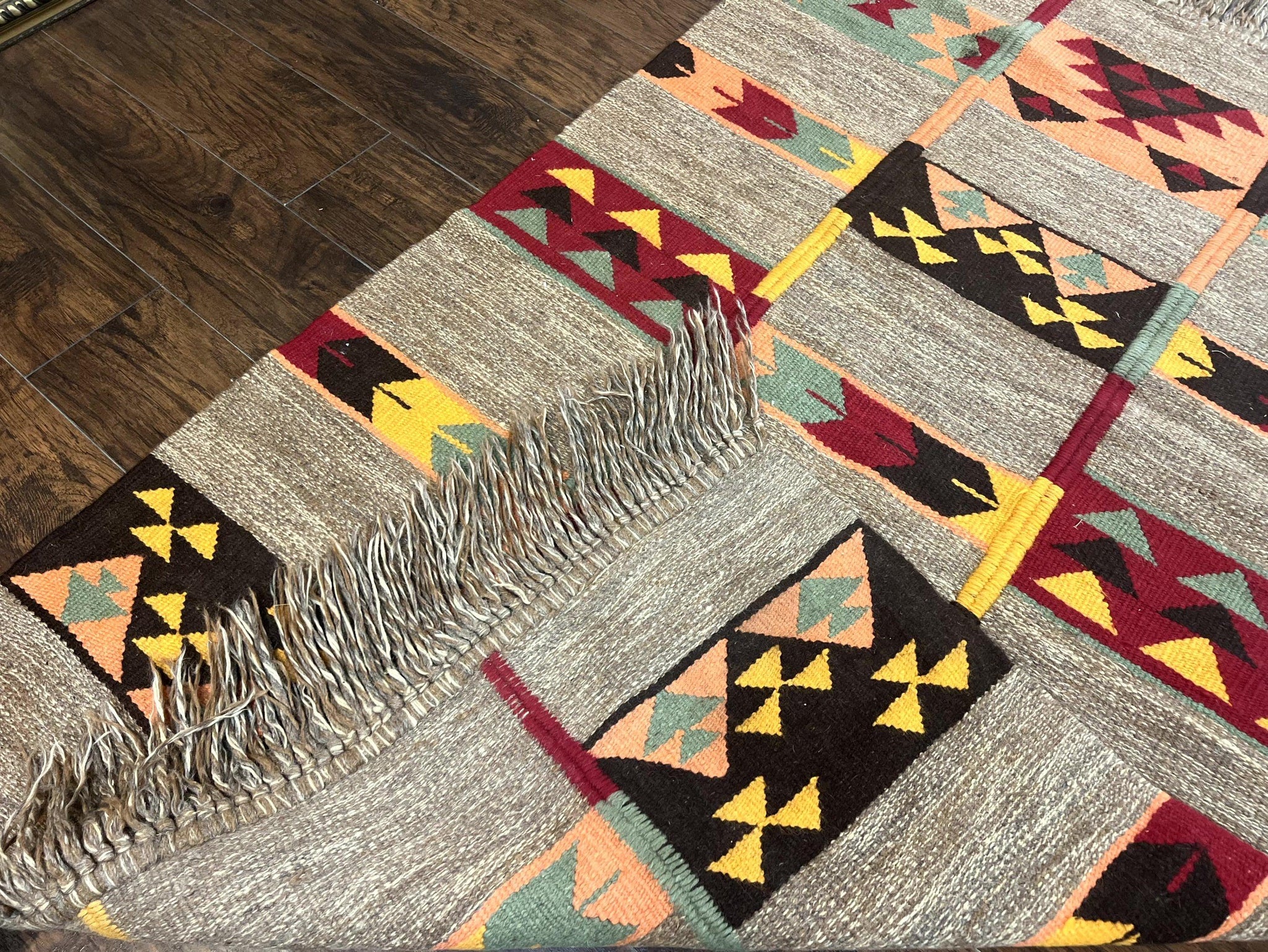 South American Flatweave Rug, Gray, Handmade Vintage Wool Bohemian Blanket by Jewel Rugs