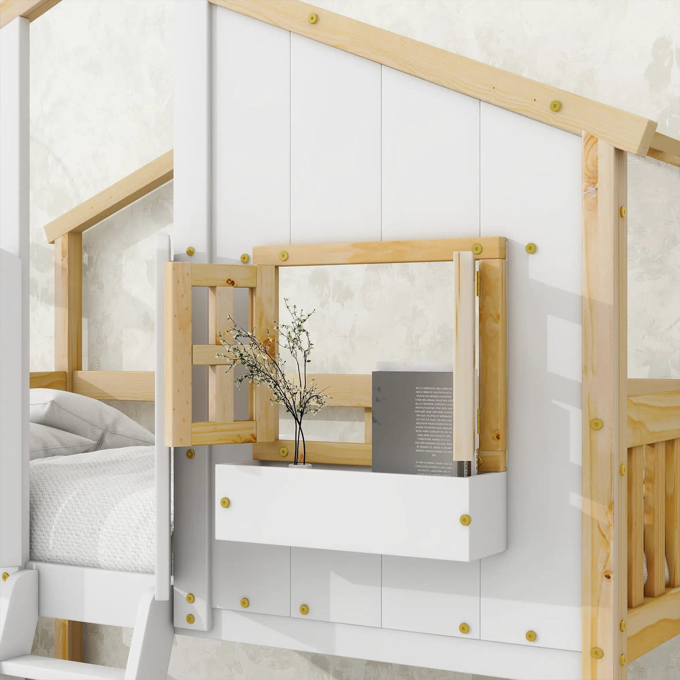 House Bunk Bed With Roof, Window, Window Box, Door, With Safety Guardrails And Ladder by HouseOfZazla