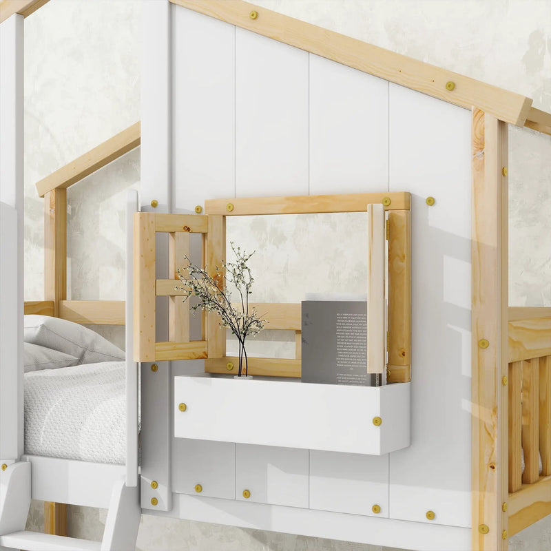 House Bunk Bed With Roof, Window, Window Box, Door, With Safety Guardrails And Ladder by Unique Piece Furniture