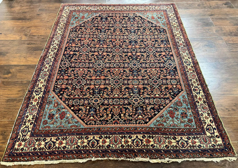 Antique Persian Rug 5 x 6.7, Navy Blue & Ivory, Handmade Persian Wool Carpet, Hamadan Angelas Rug by Jewel Rugs