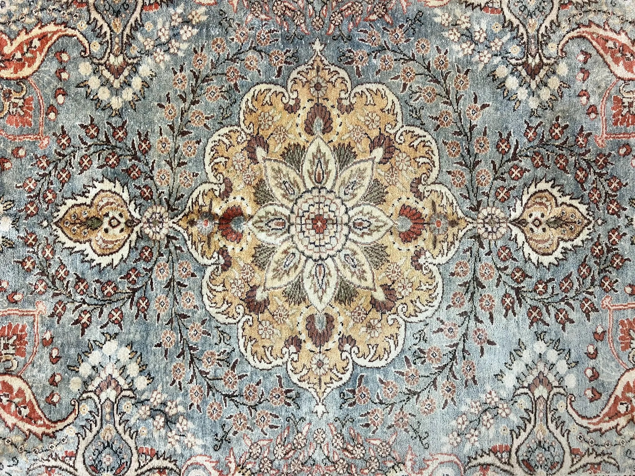 Silk Turkish Rug 5x7, Light Blue Silk Carpet, Floral Medallion, Turkish Kayseri Rug, Vintage Handmade Oriental Rug by Jewel Rugs
