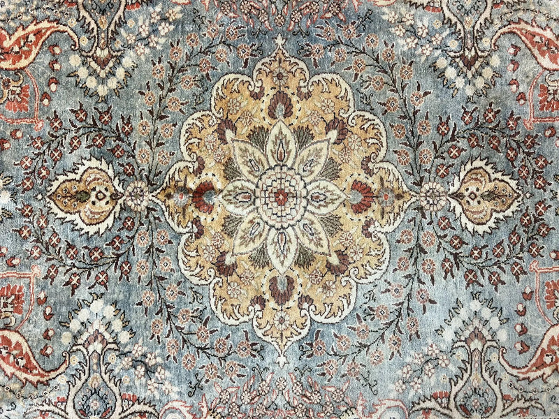 Silk Turkish Rug 5x7, Light Blue Silk Carpet, Floral Medallion, Turkish Kayseri Rug, Vintage Handmade Oriental Rug by Jewel Rugs