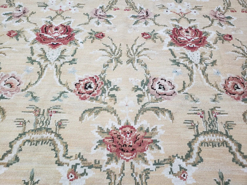Needlepoint Rug 10x14 Wool Flatweave Carpet, English Floral Pattern, Pale Yellow, Roses, Allover Pattern, Handmade Large Needlepoint Nice by Jewel Rugs