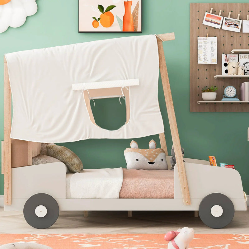 Twin Size Car Bed & Pillow, Ceiling Cloth And LED - Natural by Unique Piece Furniture