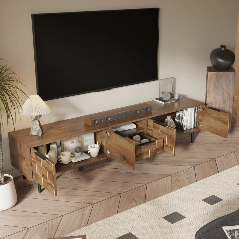 TV Stand, L Shaped Handle Entertainment Console With Storage - Natural by HouseOfZazla