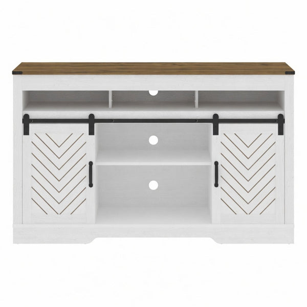 TV Stand With Sliding Barn Doors And Adjustable Storage - White / Oak