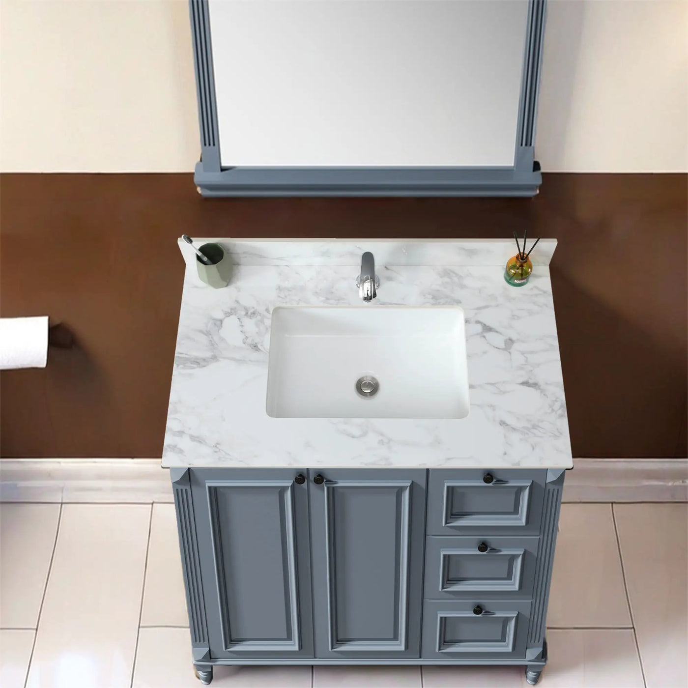 Elegant Bathroom Vanity Top With Rectangular Ceramic Sink And Backsplash by HouseOfZazla