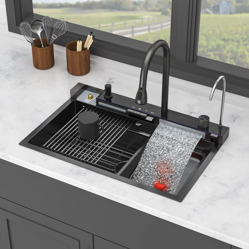 30" Whale Digital Waterfall Kitchen Sink with LED Display, 16 Gauge, Gunmetal Black by HouseOfZazla