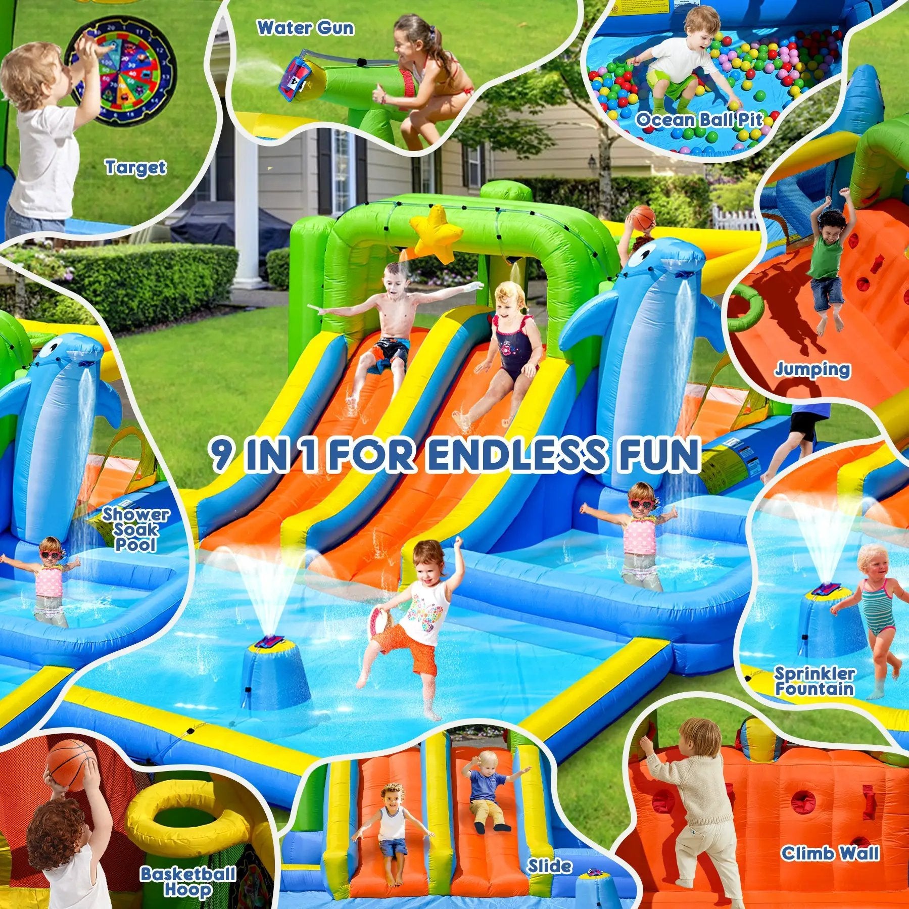 9-in-1 Inflatable Bounce House with Water Features for Kids by HouseOfZazla