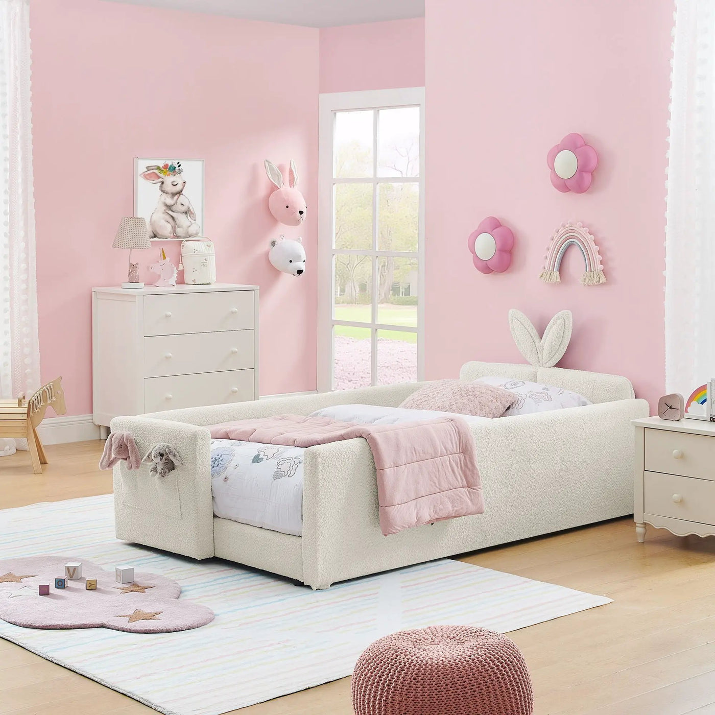Cute Rabbit Ear Upholstered Platform Bed Frame With Safety Rail by HouseOfZazla
